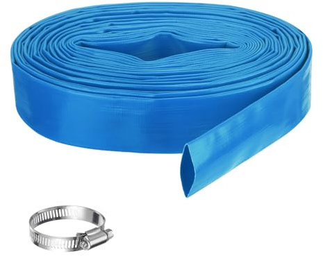 Rebower Pool Backwash Hose, 1.5 Inch x 50ft Reinforced Drain Hose PVC Lay Flat Water Discharge Pump Hoses for Pool Filter Swimming Pump, with 1pcs Clamps, Blue
