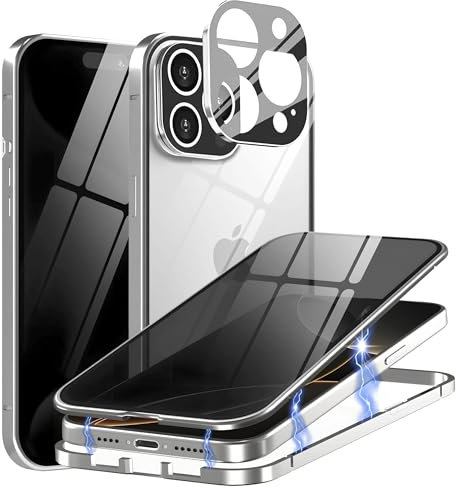 MIMGOAL Case for iPhone 16 Pro Max Anti-Peep Magnetic Cover,Privacy Tempered Glass Full Cover Built-in Camera Protector,360 Degree Front and Back Protection Metal Bumper Case, Silver
