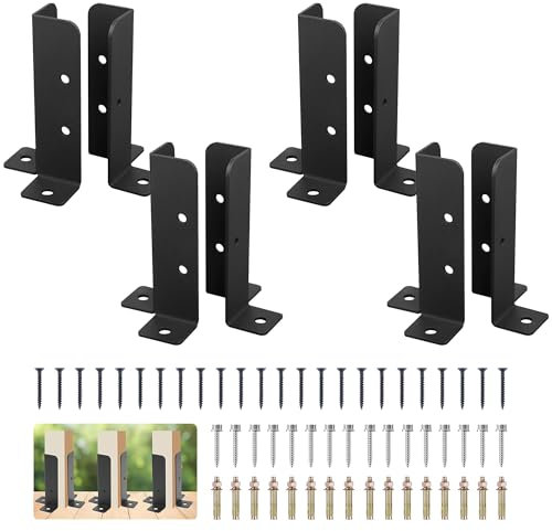 aleawol 8Pcs Wood Fence Post Anchor Base Bracket Strut, Adjustable Black Tie Post Brackets Fit 1.5x1.5,2x2,2x4,4x4 Heavy Duty Fence Holder Repair Railing Mailbox Bracket Kit