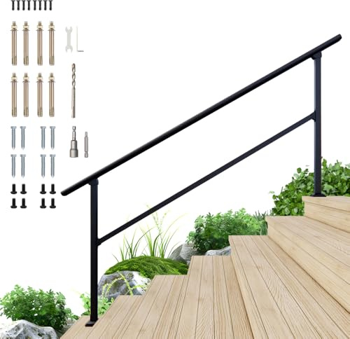 DIYHD 7 Step Handrail for Outdoor,Powder Coated Iron Stair Railing,Black Hand Rails for Indoor, Porch,Deck,1 Pack