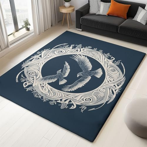 Teppich 160 x 230 cm Rutschfester Waschbarer Teppich Ultraweicher Teppich Wohnzimmer Linien Vögel Blumen Niedriger Flor Flächen Teppich für Wohnzimmer, Schlafzimmer, Kinderzimmer Creme Blau