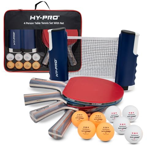 Hy-Pro Juego de tenis de mesa portátil – Con red extensible hasta 170 cm, 4 raquetas, 8 pelotas, bolsa de transporte, pelotas de 3 estrellas, para niños y adultos, juego de tenis de mesa para interior