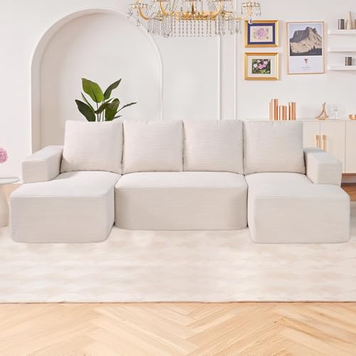 VEVOR Modular Sectional Sofa, U Shaped Modular Sofa with Chaise, Cloud Sectional Couch with High Rebound Sponge and Density, Upholstered Corduroy Couch with Cushion for Living Room, Bedroom, Beige