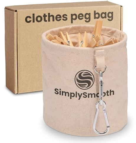 SimplySmooth Bolsa XL para Pinzas de la Ropa en la Que caben hasta Unas 200 Pinzas (no Incluidas), de algodón 100%, con Cierre de Cordel y mosquetones extragrandes para Colgar