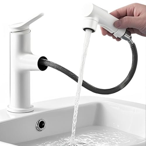 Robinet de cuisine blanc Penbinmall basse pression avec douchette extractible, mitigeur monocommande avec douchette 3 modes extensible, robinet de lavabo avec bec pivotant