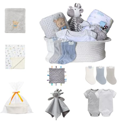 CREVENT Presentset för flickor och pojkar – blöja Caddy Organizer Basket med 2 filtar, 1 dagie, 1 Lovey, 3 strumpor, 2 babybodysuits, 1 presentpåse med rosett – Newborn Essential Baby Shower
