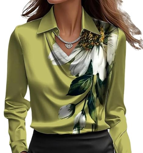 Elegante blusa de satén con cuello drapeado para mujer, manga larga fruncida para oficina, blusa de seda de verano, Estampado verde., XXL