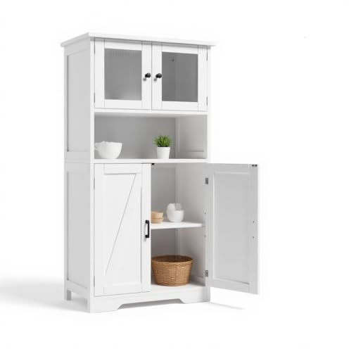 Garvee Muebles de Cocina, Armario de Almacenaje, Armario Aparador, con Puertas de Cristal y Estantes Ajustables, para Salón y Cocina, Estilo Moderno, 60 * 30 * 128 cm (Blanco)