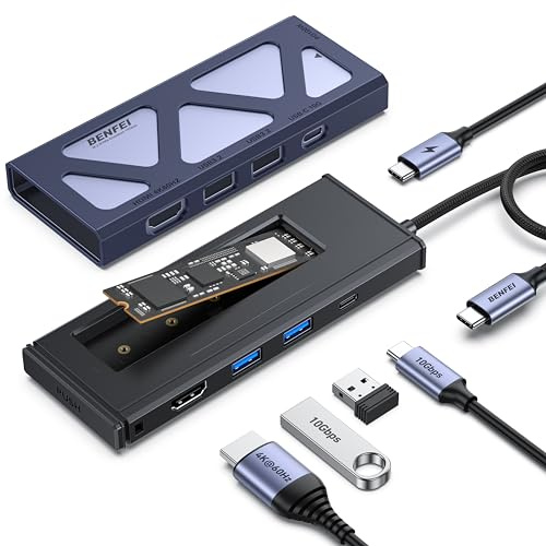 BENFEI 6-in-1 USB C Hub with M.2 NVMe SSD Enclosure, 10Gbps USB 3.2 Ports (2×USB-A + 1×USB-C), 100W PD, 4K@60HZ HDMI–Compatible with MacBook Pro/Air, iPad Pro, Dell XPS, Surface Pro