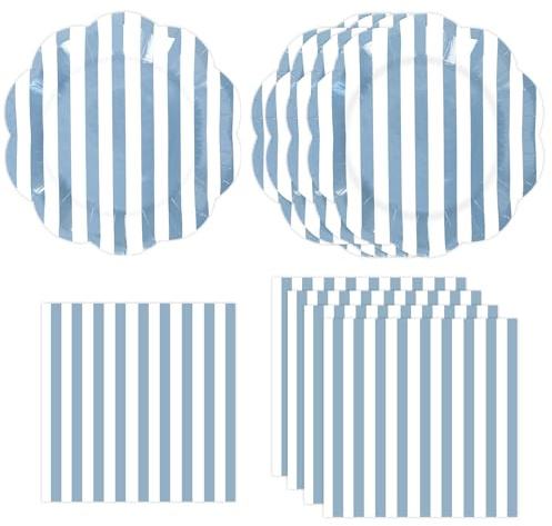DHAIQC 50 Pièces Vaisselle Jetable Anniversaire Rayée, Bleu Blanc Assiettes en Carton et Serviettes Pour Gâteaux Desserts Anniversaires Baby Showers Mariages Fete Décorations (Bleu)