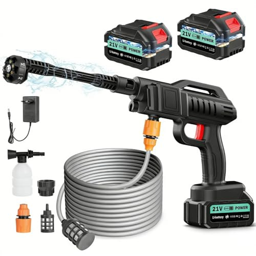 21V Idropulitrice a Batteria, 80Bar/1160PSI, 6L/min, 6 in 1 Ugello con 5M Tubo e 2 Ugelli, 2×3.0Ah Batterie, Gittata 10m, Idropulitrice Professionale per Auto Patio Giardino Pulizia Paviment