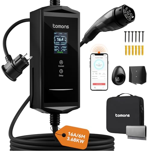 tomons Cavo Ricarica Auto Elettrica App,3,68 kW 6M,Caricatore Auto Elettrica Portatile Tipo 2 Schuko,monofase 16 A,2,4 LCD IP65,Tempo e Corrente Regolabili per Model 3/Y,500e,e-208,Altri EV/PHEV