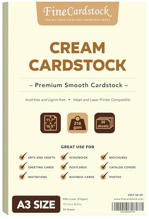 A3 Thick Cream Cardstock Paper for Arts and Crafts, Greeting Cards, Brochures, Invitations and Stationary Printing | Heavy Weight 80lb Cover (216 gsm) Card Stock | 11.7 x 16.5 | 50 Sheets per Pack