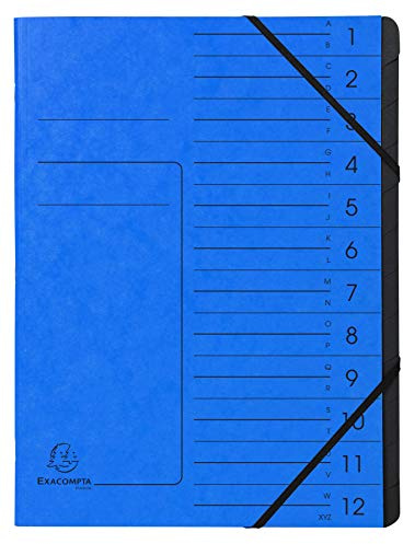 Exacompta - Ref 541202E - 1 häftad ryggpärm - med resårband - omslag tryckt i glansig kartong och insida i svart återvunnen kartong - 12 fack - storlek 24,5x32 cm - A4 - färg blå