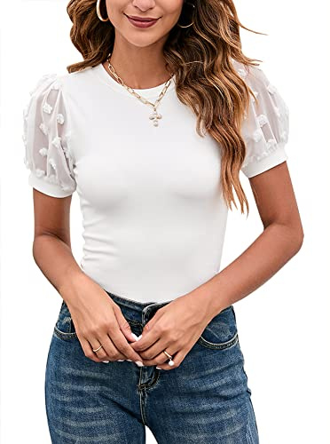 Women's Swiss Dots Sheer Mesh Sleeve Rib Bodysuit Tops Casual Round Neck Form Fitting Knit Jumpsuits Blouse Shirts White Small