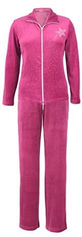 DeSen Damen Velours Nicki Hausanzug Freizeitanzug Nicki-Anzug mit Reißverschluss und Glitzersteinen (44/46, Lila Rot)