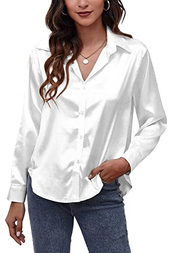 Panegy Camicia da Donna in Raso a Maniche Lunghe Camicette Botton Down Top da Lavoro Camicette in Stile Seta per Signore Top da Ufficio, bianco, S