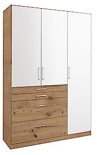 Rauch Möbel Harburg-Super Drehtürenschrank Schrank Kleiderschrank Weiß/Eiche Artisan, Holz 3-türig, 4 Schubladen, inkl. 1 Kleiderstange, 3 Einlegeböden, BxHxT 136x197x54 cm, Groß