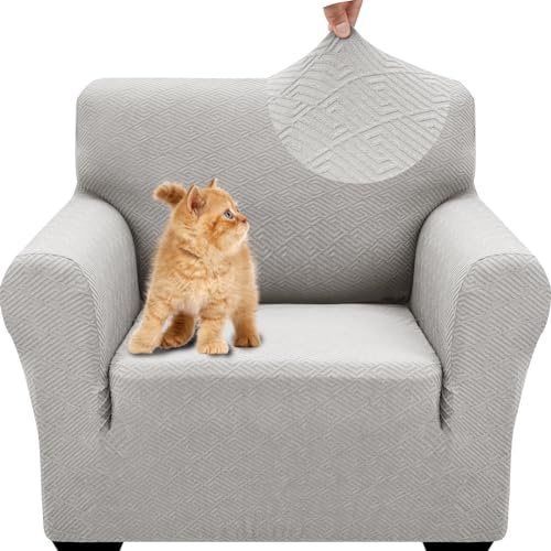 YSTELLAA Housse De Canapé 1 Place, Extensible Housse De Fauteuil, Universelle Housse Canapé avec Accoudoirs, Protection Chat Chiens Housse Canape, Housses De Canapé Antidérapante, Argent Gris