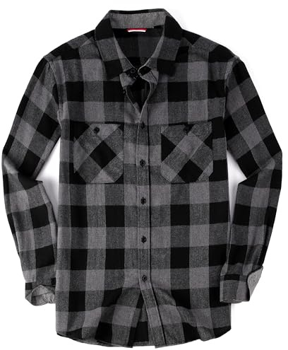 Mens Flannel Shirts Long Sleeve Flannel Shirt for Men Button Down Long Sleeve Shirts Regular Fit Mens Plaid Flannel Shirt Men's Casual Button Down Shirts, X-Large Grey/Black
