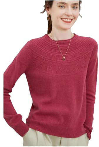 Vsadsau Donna 100% Lana Merino Maglione Autunno Inverno Con Svuotature Tops Casual Girocollo Pullover, Rosso lampone., L