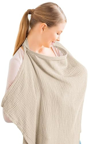 Breastfeeding Cover, Muslin Soft Cotton Nursing Cover, Breast Feeding Coverall with Adjustable Strap, Nursing Cover Breastfeeding Lightweight Breastfeeding Shawl for Outdoor（Khaki）