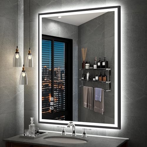 S'bagno 60x80cm Rechteckiger-Badspiegel-mit-Beleuchtung, Badezimmerspiegel mit Beleuchtung mit Schwarzem Aluminiumrahmen, Bluetooth Led Badspiegel mit Beschlagfrei/ 3 Lichtfarben/Dimmbar/Memory