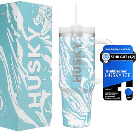 HUSKY ICE Thermobecher mit Strohhalm und Griff [24h Eiskalt] 1.2 Liter Tumbler Cup - Trinkbecher mit Deckel und Strohhalm - Kaffebecher – Isolierbecher & Thermos (Turquise bemustert)
