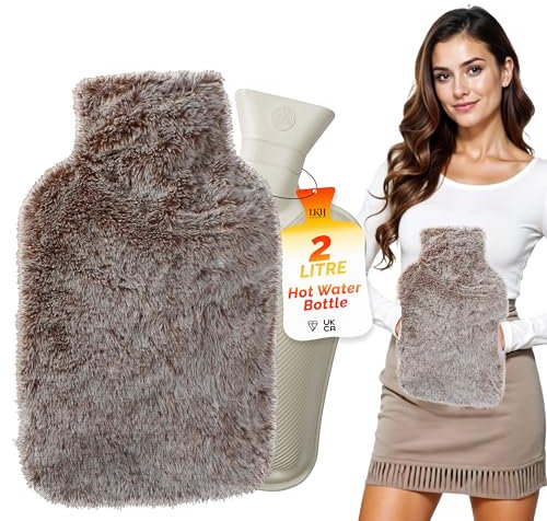 LKH Hot Water Bottle with Cover UK - 2L Super Soft Faux Fur Washable Cover with Hand Warming Pockets –BPA Free Rubber Hot Warming Bag with Hot & Cold Compress for Pain Relief & Cosy Warmth