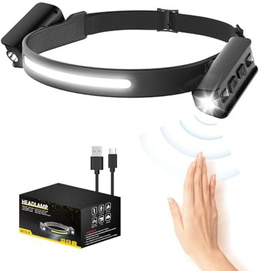 Stirnlampe LED Wiederaufladbar, 1200LM 90° Dual Einstellbar Scheinwerfer & 230°COB Superhell Kopflampe, 5-Modi mit Sensor, IPX5 Wasserdicht, 12 Stunden Laufzeit, Leichte Scheinwerfer für Camping(1 PC)