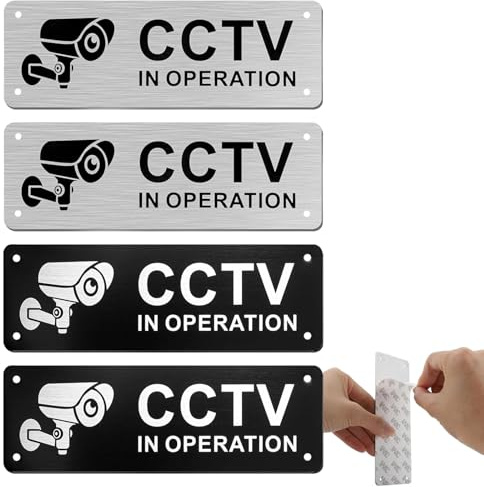 4 st CCTV-Skylt i Drift - Aluminium Självhäftande Varningsskyltar Med Förborrade Hål för Säkerhet i Hus och Företag - Inomhus och Utomhusbruk