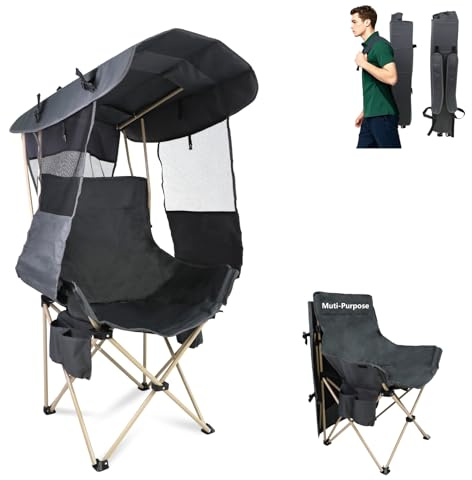 Folding Camping Chairs Canopy Outdoor: Sports Portable Beach Chair with Canopy-Lawn Beach Chairs with Umbrella for Adults-Camping Chair with Shade for Fishing Camp Heavy Duty (Regular, Grey)