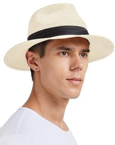 Zylioo Cappello da sole XXL in paglia per grandi teste, a tesa larga, protezione UV, cappello da spiaggia Panama, cappello estivo Fedora con cordino, Fedora-avorio, L
