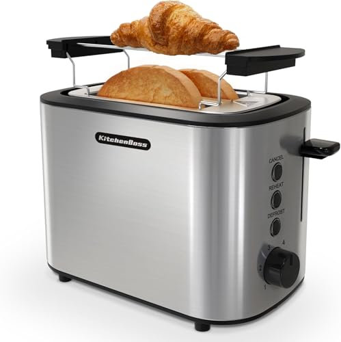 KitchenBoss Grille-pain 2 Tranches 870 W : Grille-Pain en Acier Inoxydable avec Grille Réchauffe-Viennoiseries et Tiroir Ramasse-Miettes, 6 Niveaux de Brunissement