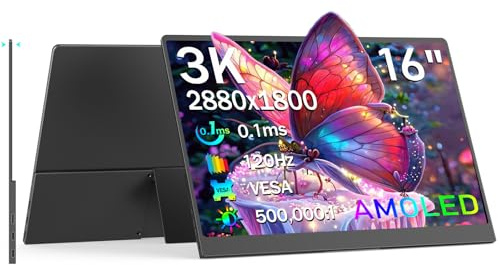 NewHail OLED bärbar skärm 16, 3K 2880x1800 120Hz 0.1ms USB-C HDMl bärbar skärm med 120% DC-P3Inbyggt kickstand och högtalare för bärbar dator Windows Mac Phone Switch PS5, svart