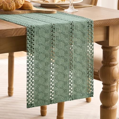 Runner Tavola Verde Salvia Boho Rustico Cotone e Lino Piccolo Tovaglia Lavabile Moderno Runner da Tavolo Centrini Moderni per Camera da Letto Decoration per Matrimoni Cucina Sala da Pranzo 30x180 cm