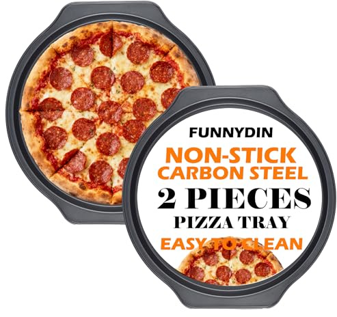 Funnydin 2pcs Non-Stick Pizza Tray - 13 Inch Pizza Pan with Heat-Resistant Handle - Perforated Pizza Trays for Oven - Crispy Crust, Easy to Clean, Dishwasher Safe