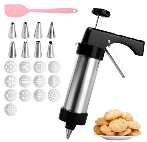 Siringa per Dolci in Acciaio Inox, Pistola per Biscotti con 13 Forme & 8 Beccucci, Macchina per Churros e Decorazioni, Set Pasticceria con Sac à Poche Riutilizzabile per Dolci e Biscotti Fatti in Casa