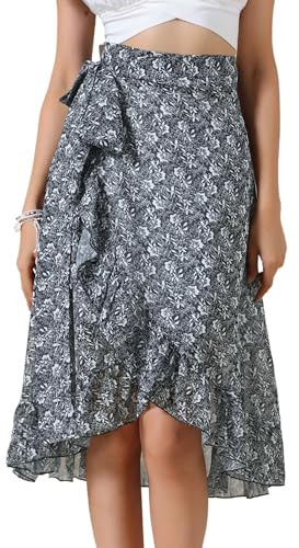 Allegra K Women Floral Wrap Asymmetrical Hem High Waist Beach Midi Skirt | Tie Knot Detail. Versatile for Spring, Summer. Casual, Vacation, Wedding, Party, Date, Weekend