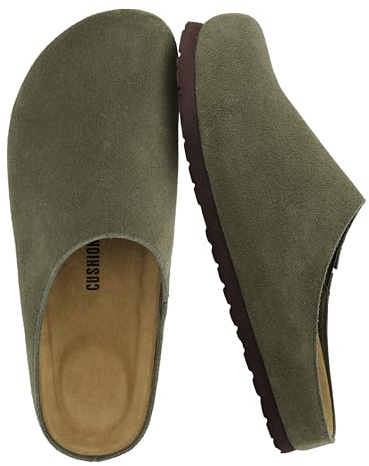 CUSHIONAIRE Heath Genuine Suede Leather Mens Clogs with Memory Foam Comfort, Easy Slip On Slides for Men, Olive 10