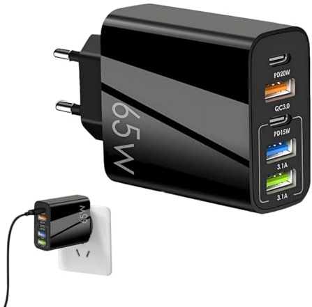tiyiyok 65W Cargador USB C Carga Rápida, Cargador USB Múltiple 5 Puertos, 2 Puertos USB-C + 2 Puertos USB + 1 QC 3.0, Fast Charge PD 3.0 Compatible con Smartphones, Tabletas, Baterías Externas