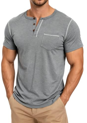Camisetas Manga Corta Henley Hombre Cuello V Redondo Botones Transpirable Clásico Cómodo