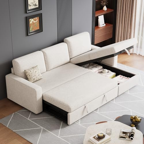 FAVSH 81 inch 3-seat Convertible L Shaped Sleeper Sofa, Pull Out Sectional Couch with Storage Chaise & Removable Cushions, Modern Furniture for Small Living Room, Apartment, Loft, Beige