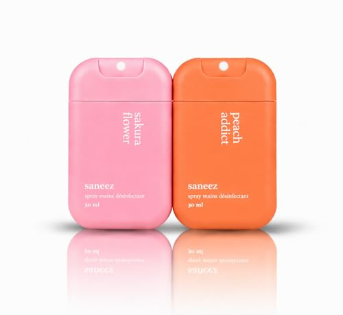 Lot de 2 Sprays Mains Désinfectants 30 ml – Format Pocket – Sans Rinçage – Parfum (Peach/Sakura) – Gel Hydroalcoolique Portable – Idéal Sac, Voyage & Quotidien