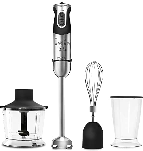 Cecotec Batidora de Mano Powerful Titanium 1000 Full. 1000 W, Pie XL, 21 Niveles y Turbo, Cuchilla 4 hojas con Recubrimiento de Titanio, Soft Touch, Accesorios, Vaso de 500 ml