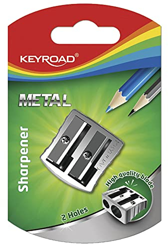 KEYROAD Ergonomischer Doppel-Anspitzer / 1 Stück/aus Aluminium/Zwei Klingen aus Stahl/von Bleistiften und Buntstiften/Blister/Für Kindergarten Vorschule und Büro Schule