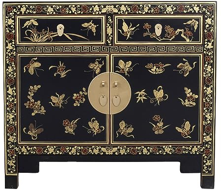 Fine Asianliving Chinesischer Schrank Schwarz Schmetterlinge Handbemalt - Orientique Kollektion B90xT40xH80cm Hochzeitsschrank Orientalische Möbel Asiatische