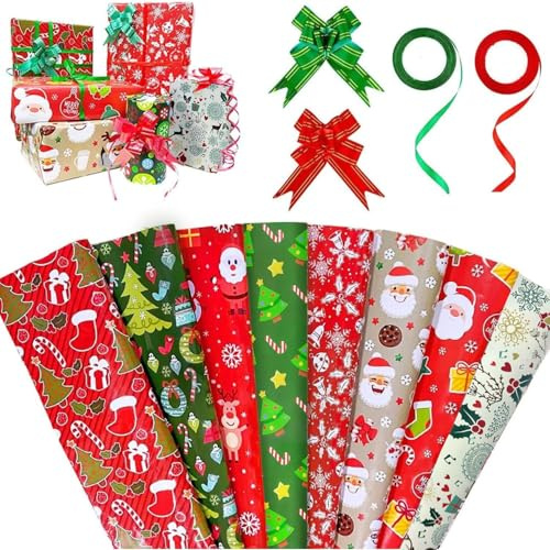 Papel de Regalo Navidad,8 Hojas Grandes de Papel Regalo Papá Noel Muñeco Nieve,Tema Navidad Papel regalo infantil Rojo Kit,Papel envolver regalos de Colores con Arco de regalo y Cintas(74 cm x 51 cm)