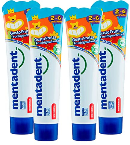 4x Mentadent Dentifricio Kids 2-6 Anni Gusto Frutta per Bambini - 4 Flaconi da 50 ml ognuno
