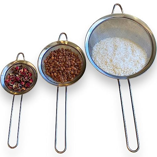 AHASON'S Fine Mesh Sieve Strainer Set of 3 Size Small 8cm,Medium 12cm,Large 18cm,Stainless Steel with Strong Sturdy Long Handle Rust Free Mesh,No Sharp Edges,